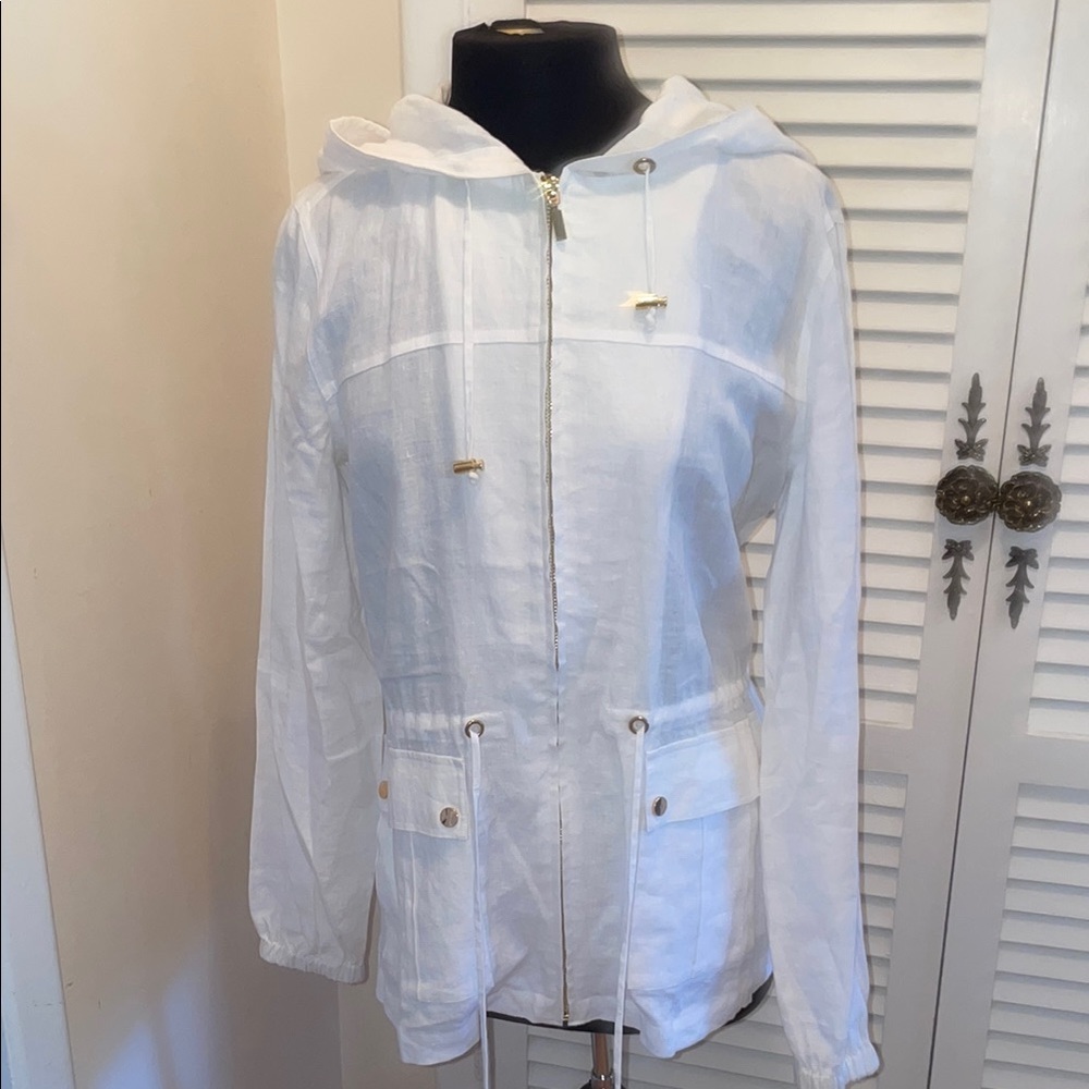 Charter Club White Utility Linen Jacket with Hood gold metal zipper